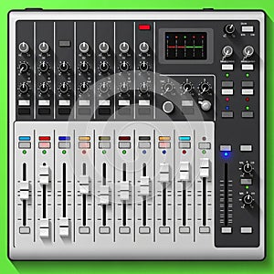 Channels with vertical faders knobs for adjusting volume and