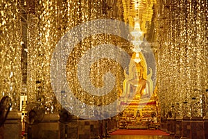 Chantaram Temple or Tha Sung Temple, Beautiful Golden Buddha statue inside Wihan Kaeo or glass sanctuary, Famous place in UTHAI