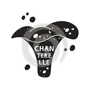 Chanterelle mushroom grunge sticker. Black texture silhouette with lettering inside. Imitation of stamp, print with scuffs
