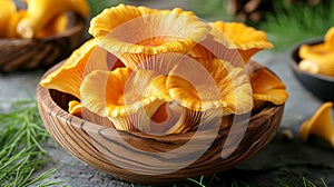 Chanterelle mushrooms in a bowl on a wooden background