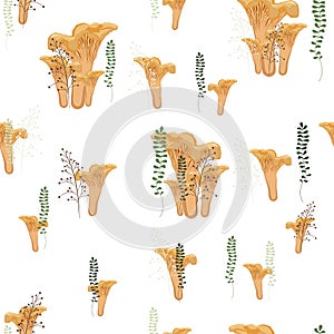 Chanterelles mushrooms autumn seamless pattern with forest wild mushrooms, fern and herbs.