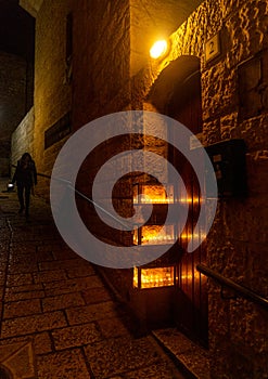 Chanuka lights on old jerusalem city street