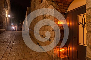 Chanuka lights on old jerusalem city street