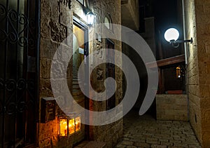 Chanuka lights on old jerusalem city street