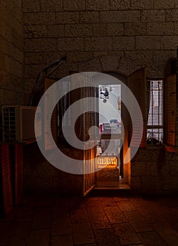 Chanuka lights on old jerusalem city street photo