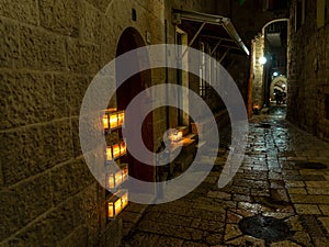 Chanuka lights on old jerusalem city street