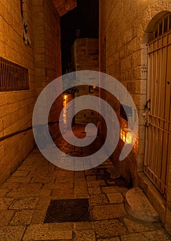 Chanuka lights on old jerusalem city street