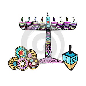 Chanukah candle, sevivon, donuts. Doodle, sketch, draw hand. Jewish religious holiday of Hanukkah. Hebrew letters