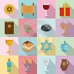 Chanukah jewish holiday icons set, flat style