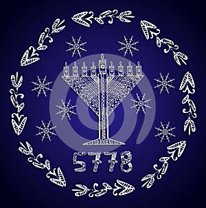 Chanukia style doodle. 5778 Jewish year. Jewish holiday of Hanukkah. Snowflakes. Round pattern. Hand draw. Sketch. Vector