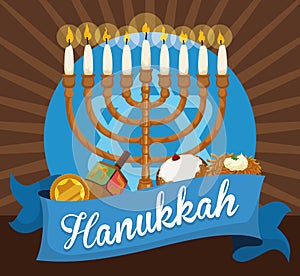 Chanukiah, Gelt, Dreidel, Sufganiyah and Latke to Celebrate Hanukkah, Vector Illustration