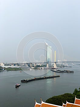ChaoPhraya River, skyscrapers, Bangkok cityscapes, rain, overcast