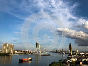 ChaoPhraya River, skyscrapers, Bangkok cityscapes, sunshine day