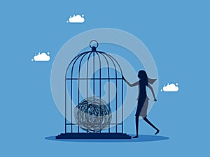 Chaos control. woman locking chaos problem in birdcage. concept of business