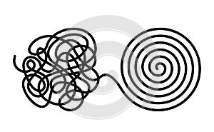 Chaos and disorder turns into a formed even tangle with one line. Chaos and order theory. flat vector illustration isolated photo