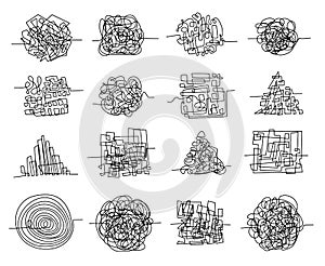 Chaos line scribbles and random tangled maze shapes. Pen doodle concept of messy thoughts, complicated problem and