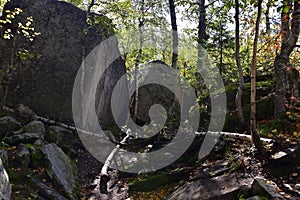 Chaos of megalithic stones in the Kamenny Gorod Devil`s Settlement tract in the Middle Urals