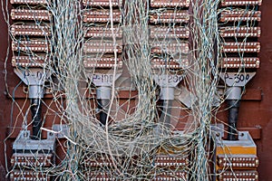 Chaos of wires. Telephone Cable Junction Box. Risk of fire