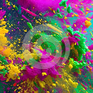 A chaotic burst of splattered paint in vibrant shades of pink, green, and yellow1, Generative AI