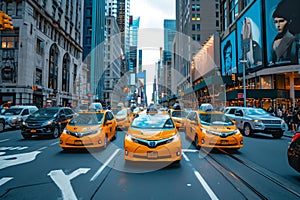 A chaotic city street packed with vehicles and pedestrians navigating through the busy traffic, A group of electric taxis in New