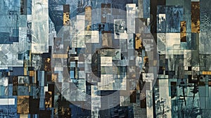 A chaotic composition of metallic frames and glazed panels an abstract depiction of a modern citys towering photo