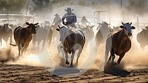 The chaotic and exciting movements of a rodeo event with bulls bucking and cowboys holding on for created with Generative AI
