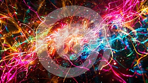 A chaotic explosion of neon particle trails intersecting and colliding in a frenzy of vibrant hues