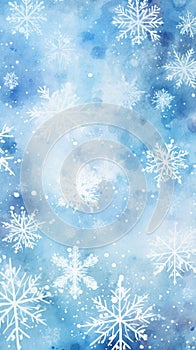 Chaotic flying snowflakes watercolor backdrop. Vertical snowfall background. Fuzzy snowflakes texture