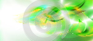 Chaotic green and white abstract background textured by hexagons, unearthly technologies, circle blurred interface with hexs.