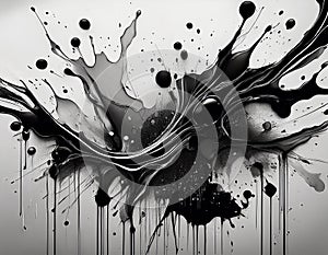 Chaotic Ink Drops Splattered Black Abstract Liquid Texture on White Background