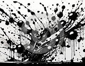 Chaotic Ink Drops Splattered Black Abstract Liquid Texture on White Background