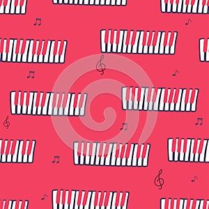 Chaotic Pianoforte musical grand piano octaves, sketch drawing. Vector seamless doodle square pattern with hand drawn