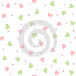 Chaotic scattered colored hearts and round dots. Cute seamless pattern. Simple romantic print.