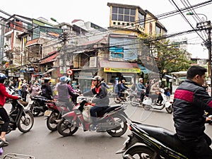 Chaotic street traffic in the Old Quarter of Hanoi