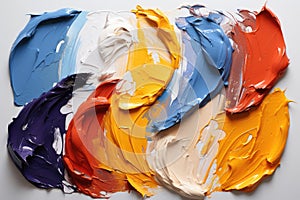 Chaotic strokes of oil paint of different colors on white paper, abstract multi-colored background