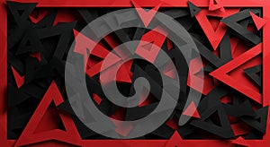 Dynamic abstract composition of intersecting red and black geometric shapes and triangles
