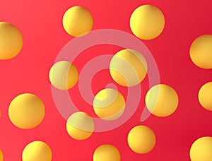 Chaotic yellow balls on a red background. Abstract color composition. Minimalist style. 3D rendering