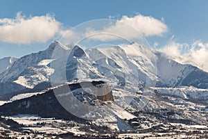 Chapeau de Napoleon just after snowfall with the Arche, Aiguille and Piolit peaks. Ecrin National Park, Hautes Alpes, France