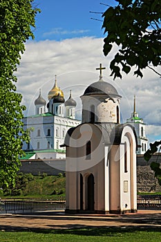 Chapel against the background of Trinity Cathedral in Pskov