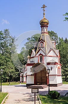 Chapel and belfry, the holy spring of St. David in the village of Talezh. Moscow region, Russia