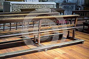 Chapel, benches to pray inside a church. concept of faith and re