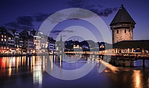 Chapel Bridge and Water Tower in Lucerne at night