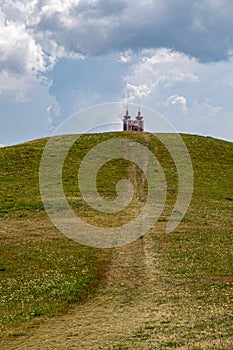 Chapel on the Calvary in BanskÃÂ¡ ÃÂ tiavnica in Slovakia in Europe, It rises over a green hill from a different angle and leads to