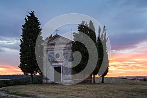 Chapel Capella della Madonna di Vitaleta in Val d` Orcia, Tuscany, Italy at Sunrise