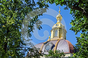 Chapel dome surrounded by trees in St. Petersburg, Russia