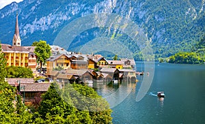 Chapel in Hallstatt old town famous landmark Austria on lake