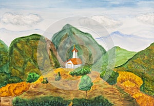 Chapel in mountains, watercolor painting.