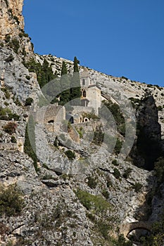 The chapel overlooking Moustiers-Sainte-Marie , Digne-les-Bains, Hautes-Alpes, Provence-Alpes-Cote d\'Azur, France