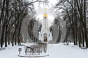 Chapel of Ryazan 900th Anniversary in the Kremlin park in Ryazan in winter, Russia.