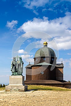Chapel, st Cyril and Method statue, Radegast hill, Beskydy mountain, Czech republic photo